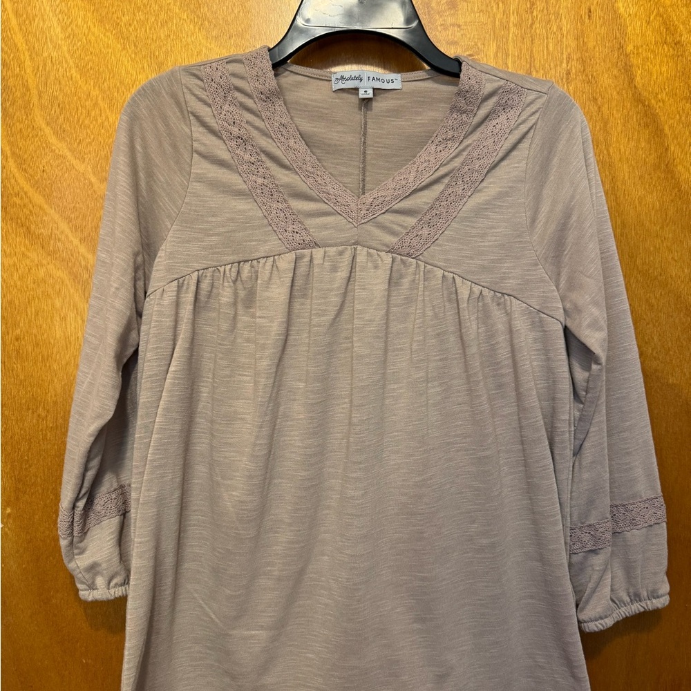Absolutely Famous Taupe Blouse with Lace Accents
